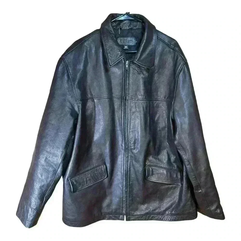 J. Crew Vintage 90s Black Pebbled Leather Men’s Full Zip Lined Bomber Jacket XL